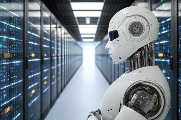 Poster - Futuristic robot standing in a modern data center full of servers and blue lights, showcasing AI technology.