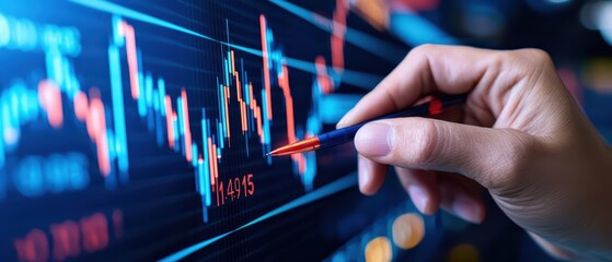 Poster - Hand analyzing stock market data with candlestick chart on a digital screen.