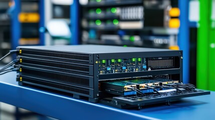 Poster - High-performance server hardware with multiple components displayed on a blue table, suitable for IT environments.