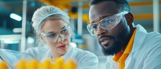 Poster - lab professionals collaborating on scientific research in a bright laboratory setting.