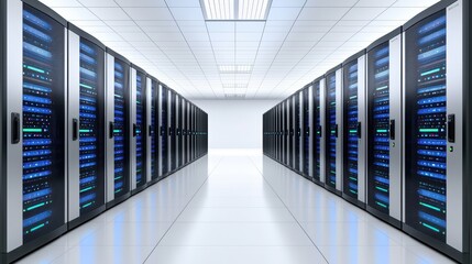 Poster - Modern data center with rows of servers, blue lights, and a sleek interior design.