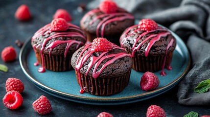 Chocolate raspberry muffins with a drizzle of raspberry glaze, placed on a blue ceramic dish, isolated on a dark slate background with fresh raspberries