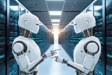 Poster - Two robots interacting in a modern data center with servers in the background.
