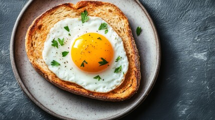 Poster - Egg in Toast with Fresh Herbs on Plate