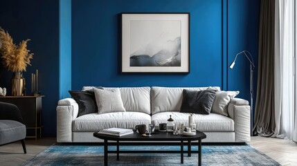 Creative composition of living room interior with mock up poster frame, grey sofa, black coffee table, blue wall, stylish furnitures, decorations and personal accessories. Home decor. Template