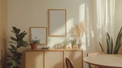 Creative composition of stylish dining room interior with mock-up poster frames, beige sideboard, family dining table, plants, and vintage personal accessories. Copy space template