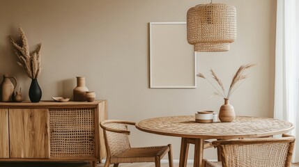 Dining room interior with round table, rattan chair, wooden commode, kitchen accessories, and beige wall with mock-up poster