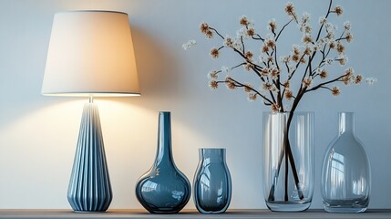 Elegant display with modern decor including a blue lamp, minimalist vases, and sculptural glassware creating a serene and sophisticated tabletop arrangement