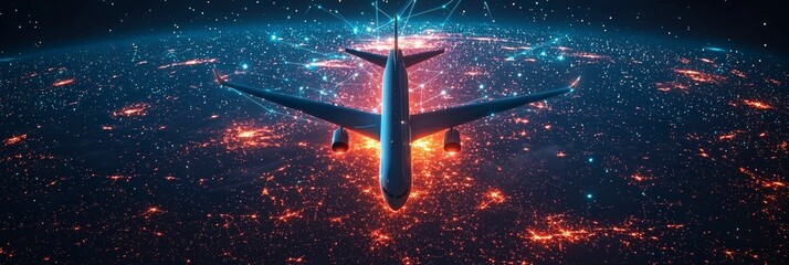 Wall Mural - an aircraft flying over a city with glowing lights below, against a starry night sky, depicting a fu