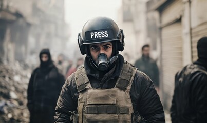 Journalist in gas mask and helmet, amid chaos.