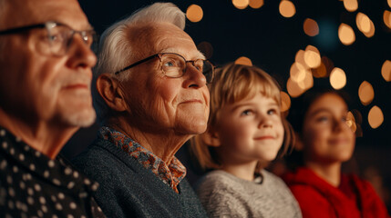 Capturing generational connections a heartwarming moment of family bonding amidst festive lights