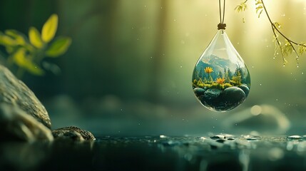 Wall Mural -   A drop of water hanging from a tree branch with a photo of a forest inside it