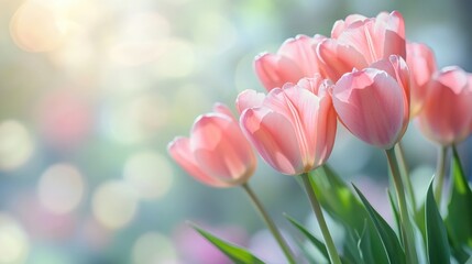 Soft pink tulips with subtle white accents in a serene spring setting featuring plenty of empty space for text