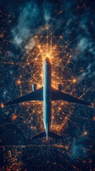 Wall Mural - an airplane travels through the night above a glowing city network, demonstrating the interconnectiv