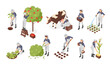 © MicroOne - Isometric garden agriculture elements. Farmers collect harvest, fruits and vegetables. Workers with cow and chicken, farm animals, flawless vector set