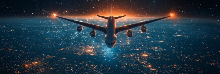 Wall Mural - a jetliner ascends as vibrant digital networks connect the sprawling city beneath, illustrating the 