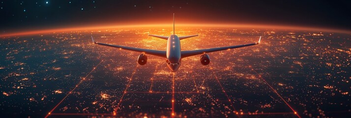 an airplane flies over earth's vibrant network with fiery hues, capturing the essence of modern logi