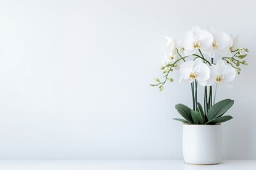 Elegant white orchids in a modern pot, adding a touch of nature to minimalist decor against a clean backdrop.