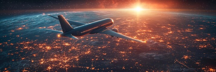 Wall Mural - a jet airplane navigates over earth's illuminated surface, representing aviation's role in global co