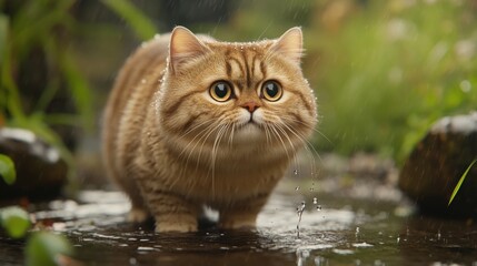 Poster - Cute Cat in Rainy Outdoor Setting with Water Droplets