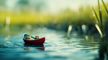 Wall Mural -   A lush green field, with a toy boat floating on top of a nearby body of water