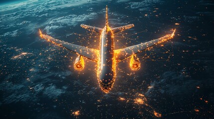 Wall Mural - a digital airplane hovers as it is enveloped in a captivating network of glowing lines, representing