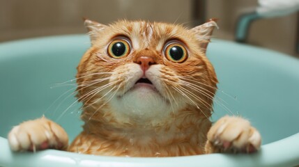 Poster - Surprised Cat Soaking in a Bathtub