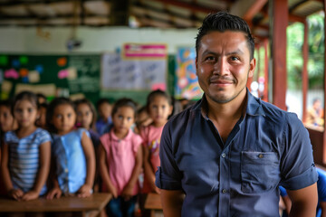 Photography of Costa Rica school classroom scene with children in background and the teacher on front.	
