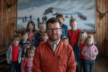 photography of iceland school classroom scene with children in background and the teacher on front.