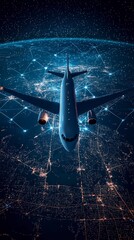 Wall Mural - an airplane soars above a vast, interconnected cityscape glowing with lights under the night sky, re