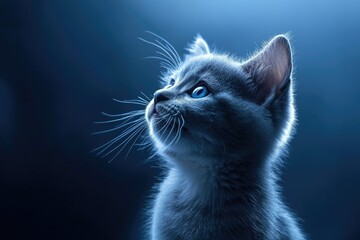 Blue Russian Kitten Portrait: Adorable Baby Cat with Stunning Blue Eyes on Soft Blue Background