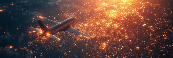 Wall Mural - sailing above a glowing digital map, a jet aircraft epitomizes advances in global travel technology 