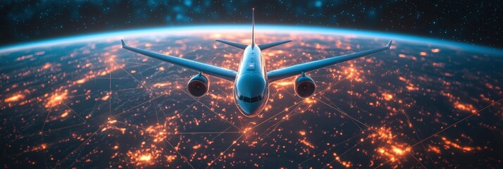 Wall Mural - an airplane navigates a stunning, interconnected space filled with glowing pathways and abstract lig
