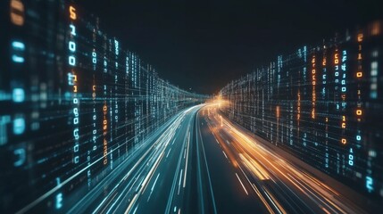 Leinwandbilder - Futuristic Digital Data Flow with Lights and Numbers