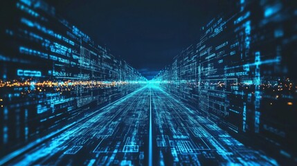 Fototapete - Digital Data Stream in Futuristic Cityscape
