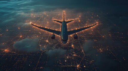 Wall Mural - a commercial airplane soars through the night sky, overhead a sprawling cityscape with glowing light