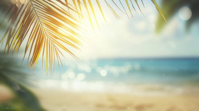 Abstract blurred background featuring a tropical beach scene with sunlight rays Golden sand clear water and palm leaves under a bright sky create a summer vacation vibe Copy space available