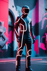 Futuristic neon-lit jumpsuit against a backdrop of abstract city street art.