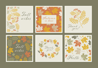 Wall Mural - Autumn social media banner set. Thanksgiving greeting card collection. Holiday nature background with fall leaves for square post. Boho poster with hand drawn illustration.