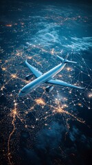 Wall Mural - aerial view of airplane within a digital web amidst sparkling night, portraying technological advanc