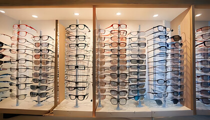 eyewear shop displays stylish eyeglass frames large selection styles colors