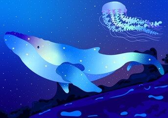 Wall Mural - cosmic whale and jellyfish floating in a starry night scene fantasy vector illustration for creative