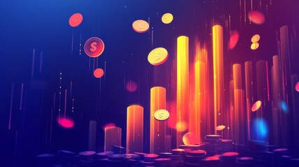 Aufkleber - Glowing Coins and Rising Graphs in Financial Concept