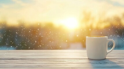 Poster - A warm cup of coffee rests on a rustic wooden table with a soft morning light in the background