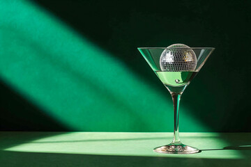 Mini disco ball in martini glass on emerald green background. Cocktail party, disco concept. Modern template for New Year cards, Christmas holidays, birthday and club events with place for text