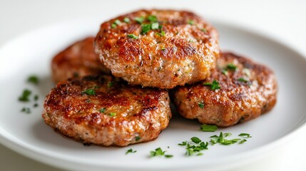 Wall Mural - Delicious meat cutlets served on a pristine white plate against a clean white background ideal for a culinary delight presentation