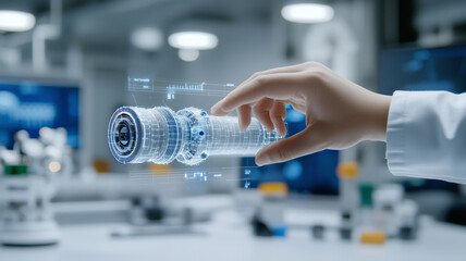 Poster - Engineer fine-tuning a futuristic transparent device in a modern workspace