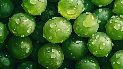 Poster - a series of green balls adorned with droplets of water, accompanied by an illustration and backdrop