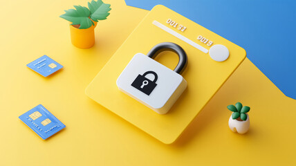 Illustration of a secured credit card with a padlock on bright background