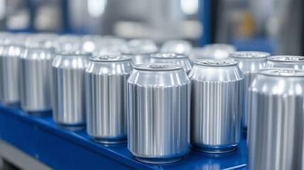 Poster - Processing line showcasing close-up details of metal cans in a factory
